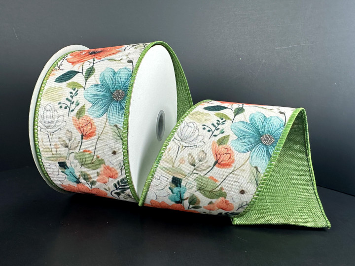 A 2.5 inch wide roll of light-colored poly linen wired ribbon featuring large teal and coral flowers with green leaves and a moss green stitched edge.