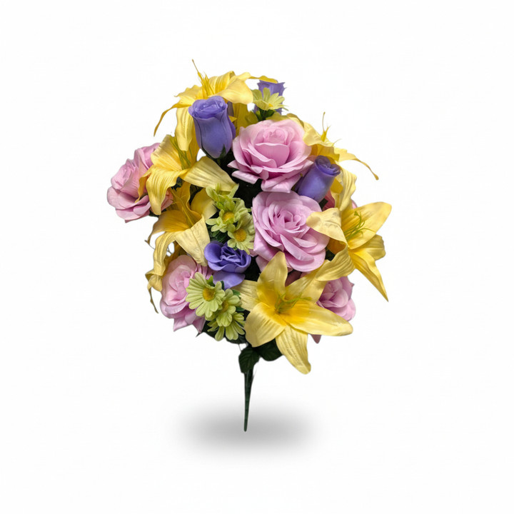 29" Lilium Rose Mixed Floral Bush - Extra Full Pink, Yellow & Purple Spring Bouquet