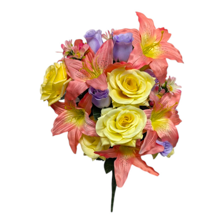 29" Lilium Rose Mixed Floral Bush - Extra Full Coral, Yellow & Purple Spring Bouquet