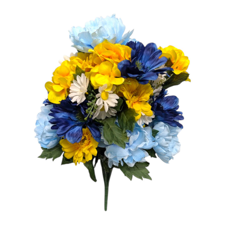 24" Blue & Yellow Peony Daisy Mixed Floral Bush