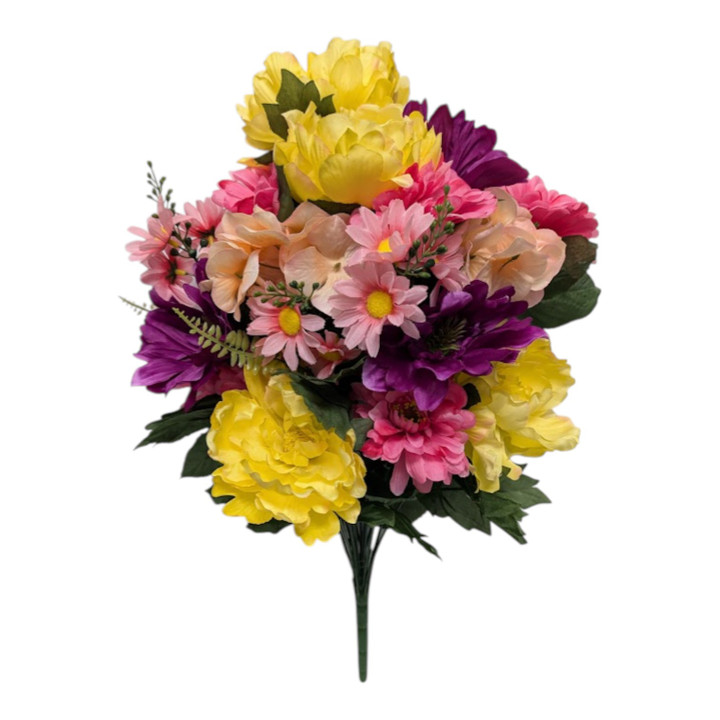 24" Soft Yellow, Magenta & Pink Peony Daisy Mixed Floral Bush