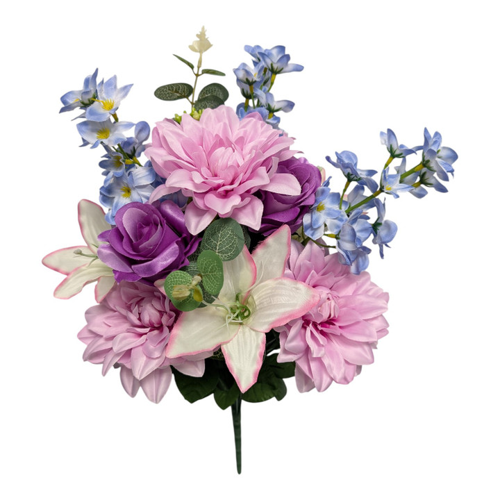 Dahlia, Delphinium & Lily Mixed Floral Bush - Purple, Pink & White