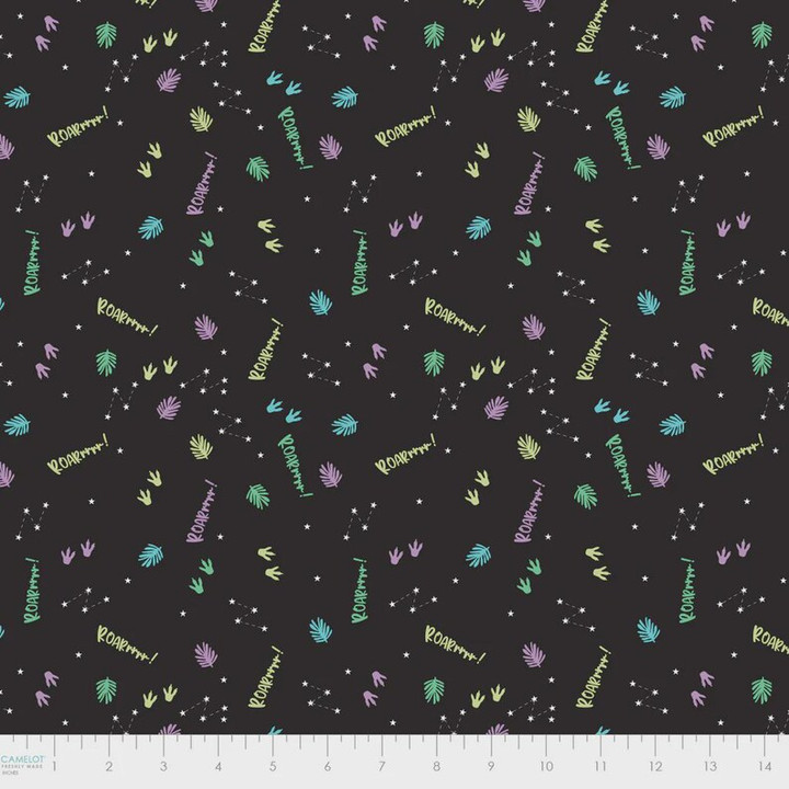 Dino Glow in the Dark - Dino Sky Black - ROARrrr - Camelot Fabrics - 100% Cotton