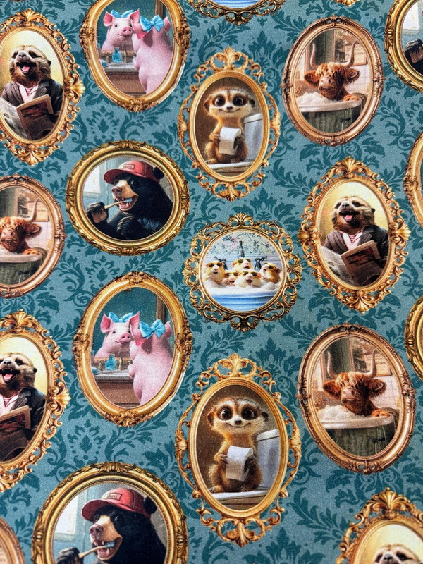 "Please Seat Yourself " - All Framed Up: Teal ~ Funny Animal Bathroom Humor Fabric