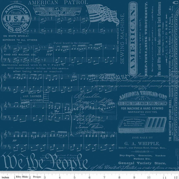 Sew America – Patriotic Text & Sheet Music Fabric in Blue by J. Wecker Frisch