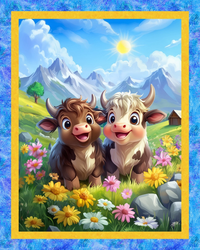 45" Highland Sunshine Cute Cows Digital Print Fabric Panel
