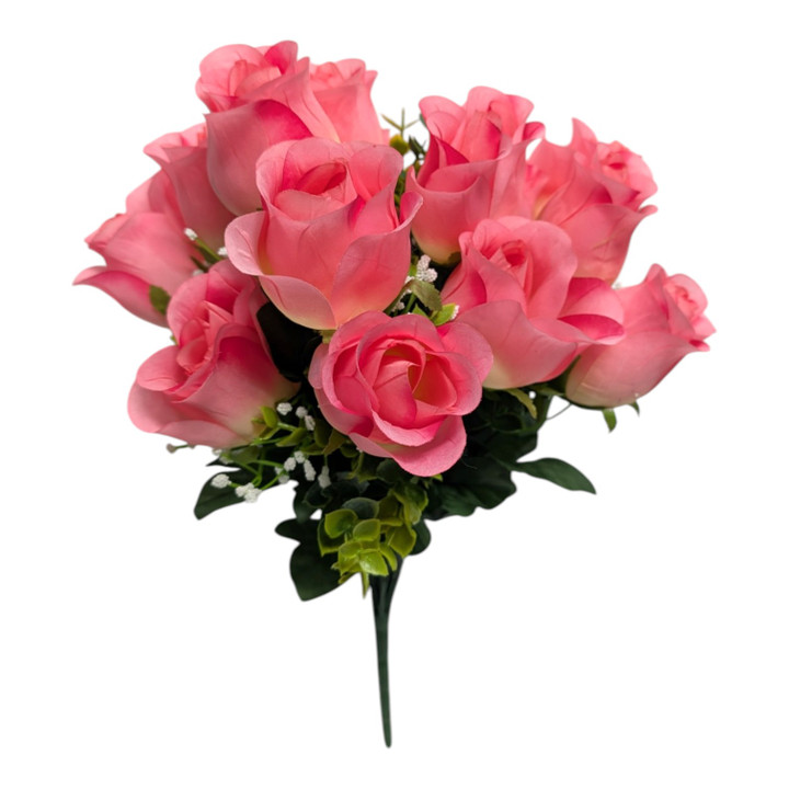 18-inch artificial pink rose bud bush with 14 stems, mixed with green eucalyptus leaves and tiny white gypsophila flowers, shown on a white background.