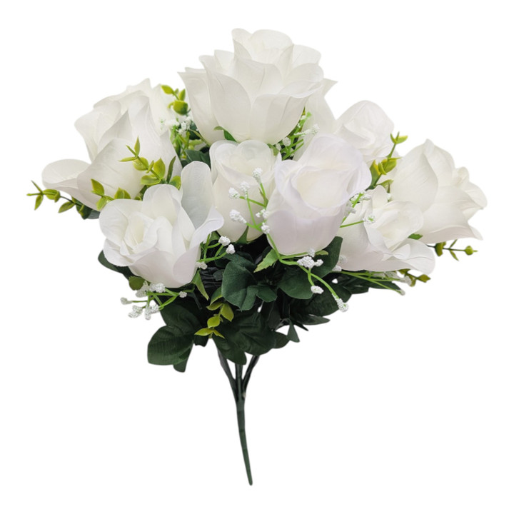 White Lifelike 14-Stem Rose Bud & Greenery Bush - Premium 18" Bouquet