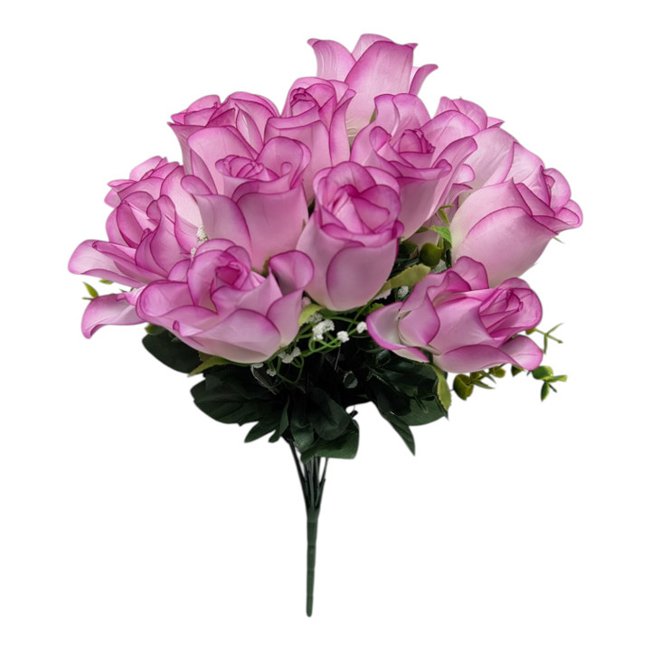 White with Lavender Tips Lifelike 14-Stem Rose Bud & Greenery Bush - Premium 18" Bouquet