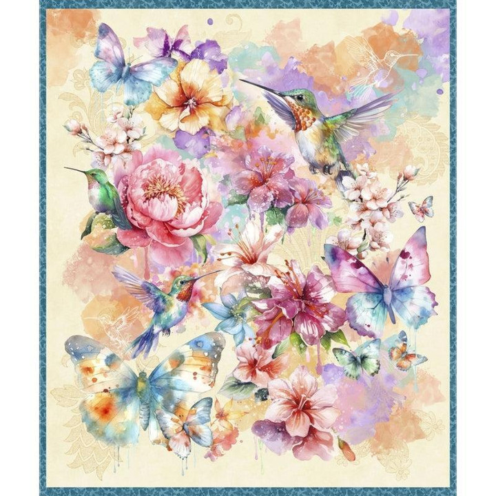 Watercolor Hummingbird & Peony Fabric Panel | Flight of Fancy