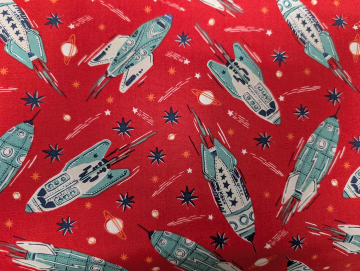 321 Blast Off: Red Retro Rocket Ships Cotton Fabric ~ Moda Fabrics