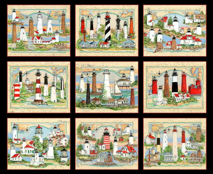 Lights of Hope: 9-Block Lighthouse Cotton Fabric Panel ~ Elizabeth's Studio