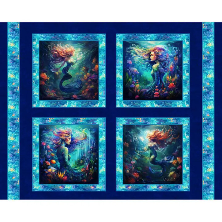 Mermaid of the Seas: 4-Block Mythical Ocean Siren Digital Cotton Panel