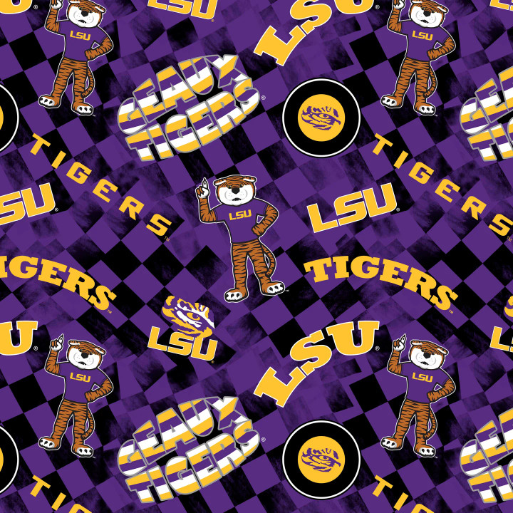 LSU Tigers Fabric - Purple and Gold Check Allover Print - 100% Cotton by the Yard