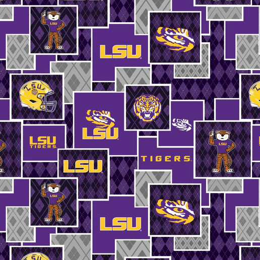 Louisiana State University (LSU) Mascot Argyle Cotton Fabric - NCAA Collegiate Series