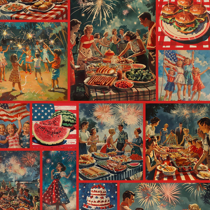 Celebrate Freedom Patriotic Collage Cotton Fabric 45” – Americana Fireworks, Picnic & Flags