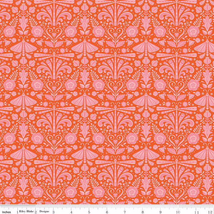 Peach Cobbler Orange Floral & Butterfly Motif Print Riley Blake Cotton Fabric