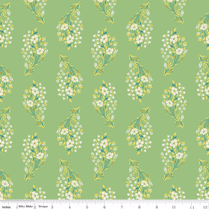 Peach Cobbler Green Floral Bouquet Vine Print Riley Blake Cotton Fabric