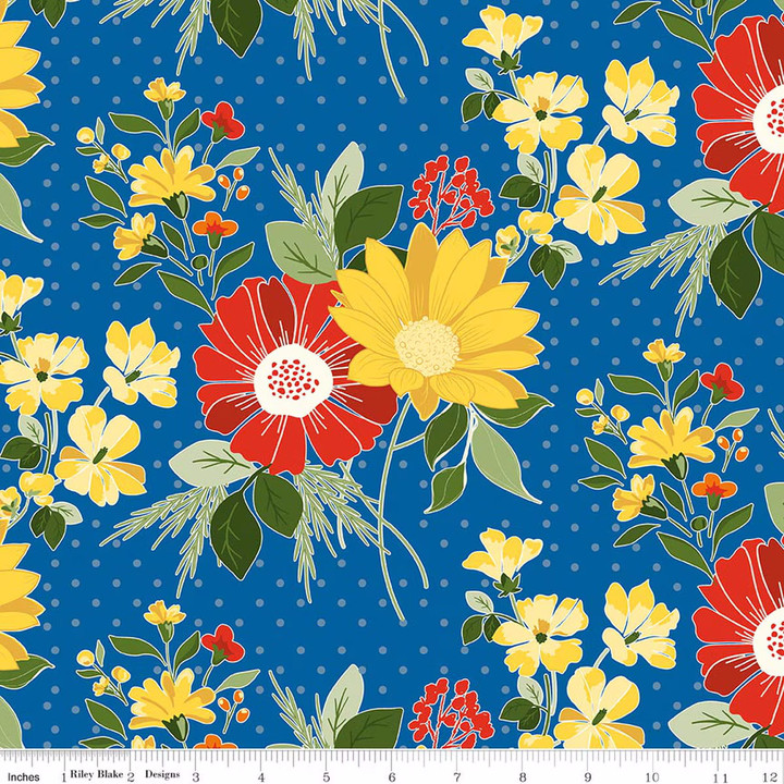 Summer’s in Town Blue Floral Bouquet Dot Print Riley Blake Cotton Fabric