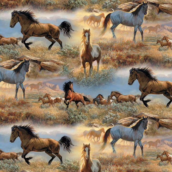 Galloping Horses Prairie Scenic Print Cotton Fabric