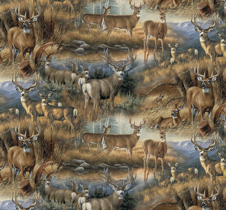 Deer Glance Scenic Deer & Wildlife Print Cotton Fabric