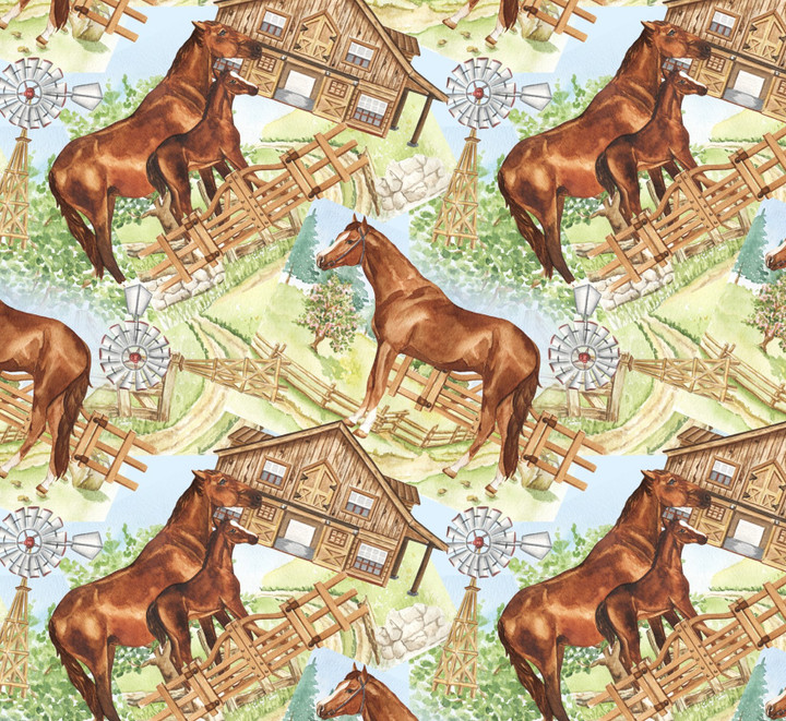 Farm Horse Ranch Scene Cotton Fabric