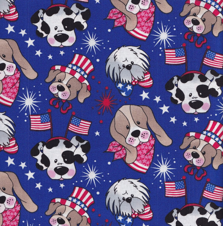 Patriotic Pups Dog & Flag Print Cotton Fabric