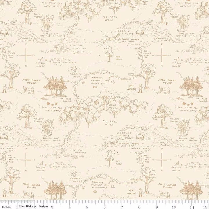 Classic Pooh The 100 Aker Wood Map Cotton Fabric in Cream