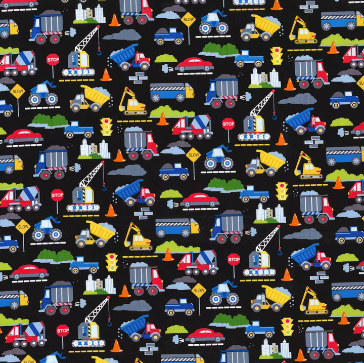 Black Tossed Construction Trucks Nursery Cotton Fabric