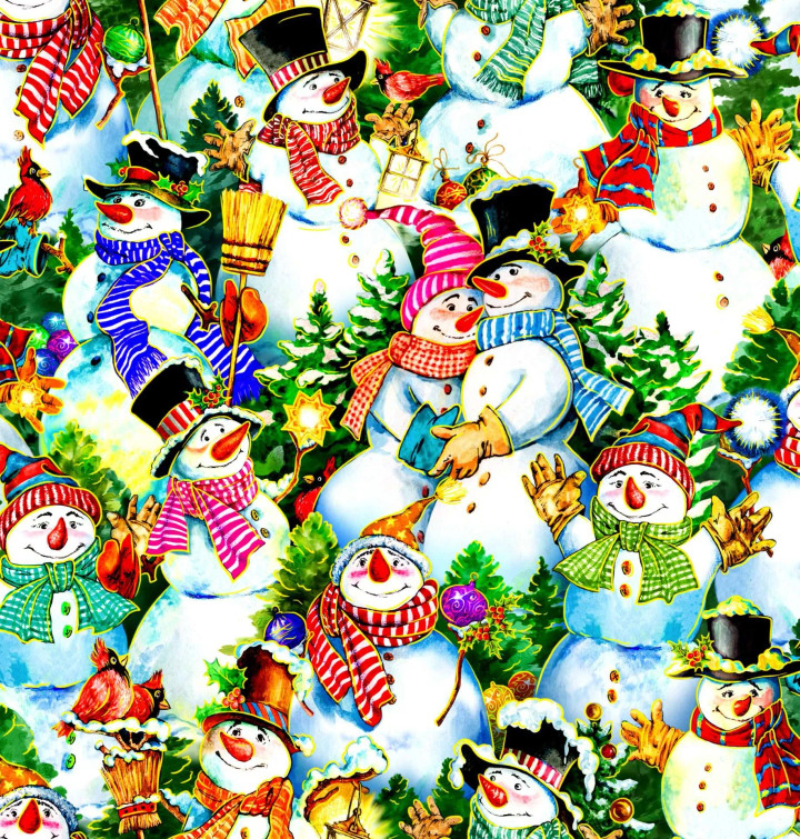 Noel Packed Snow People Blue Cotton Fabric