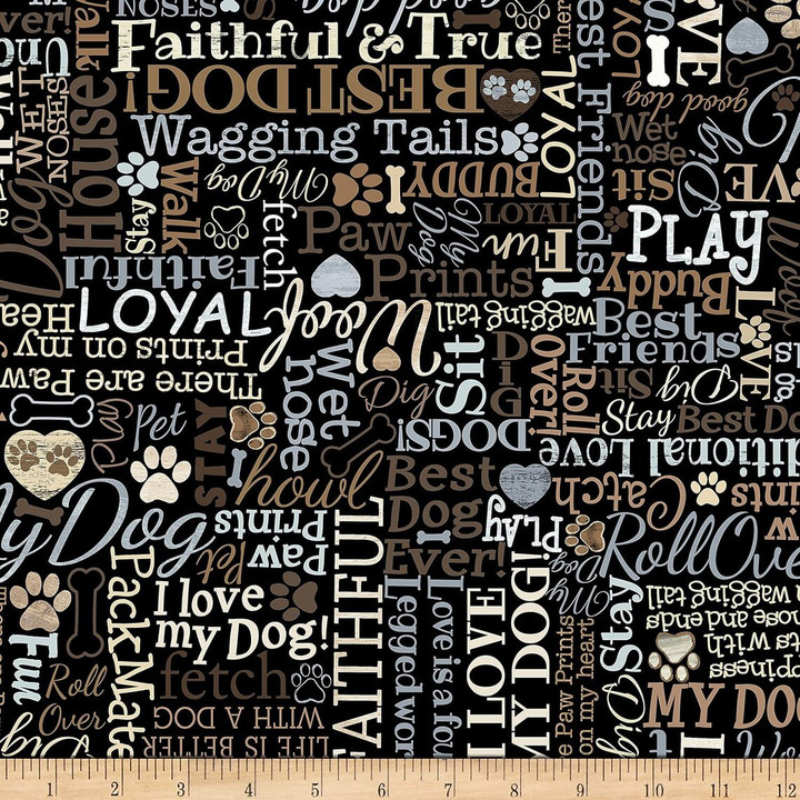 I Love My Dog Words Black Cotton Fabric