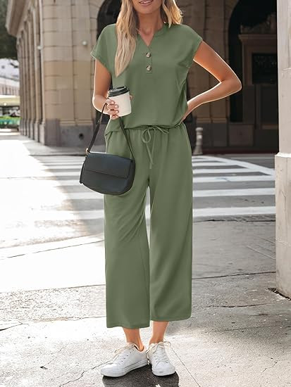 Comfy Henley Short Sleeve Top & Wide-Leg Pants Lounge Set ~ Each Piece Sold Separately