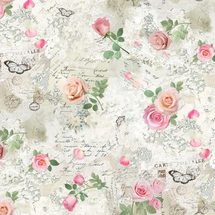 Vintage Scrapbook Rose Collage Cotton Fabric