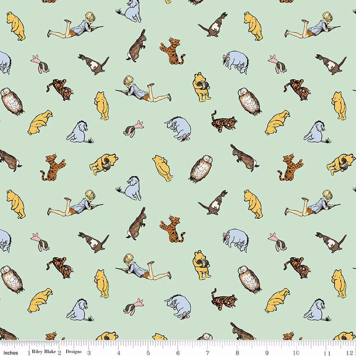 Winnie the Pooh Character Toss Green Cotton Fabric