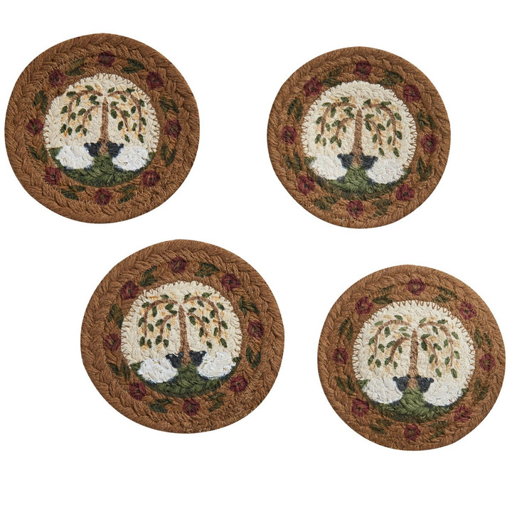 Willow And Sheep Printed Braided Coasters - Set Of 4