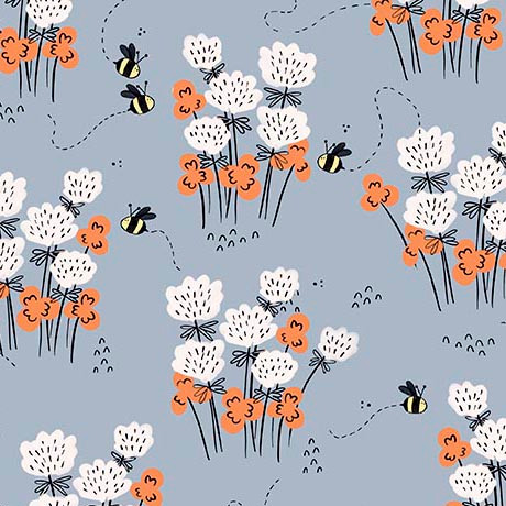 French Blue Flower Clusters & Bees Cotton Fabric