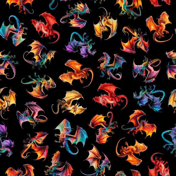 Dragon's Song Black Tossed Dragons Cotton Fabric