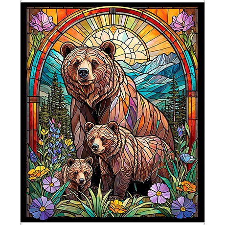 Sunlit Bears 36" Stained Glass Bear Panel Fabric
