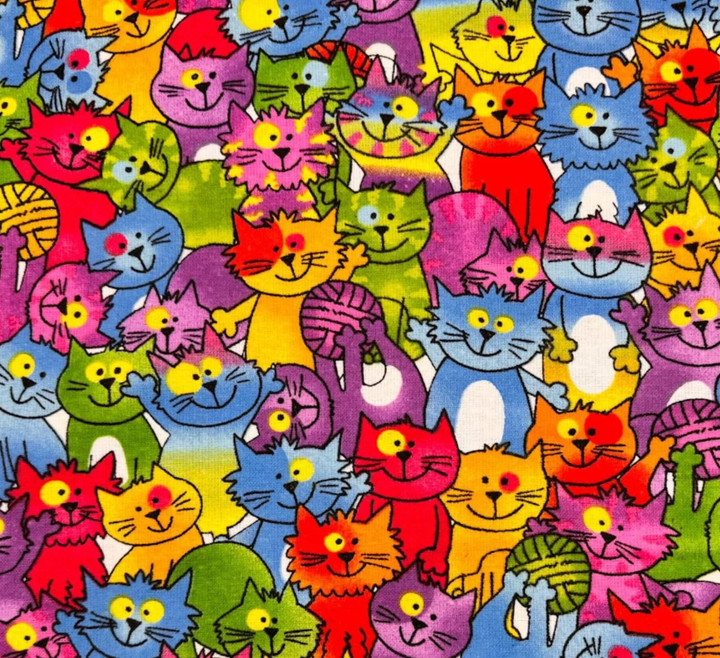 Crazy Cats Colorful Cartoon Cat Flannel Fabric