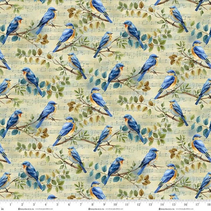 Bluebird Song Vintage Bird Print Cotton Fabric