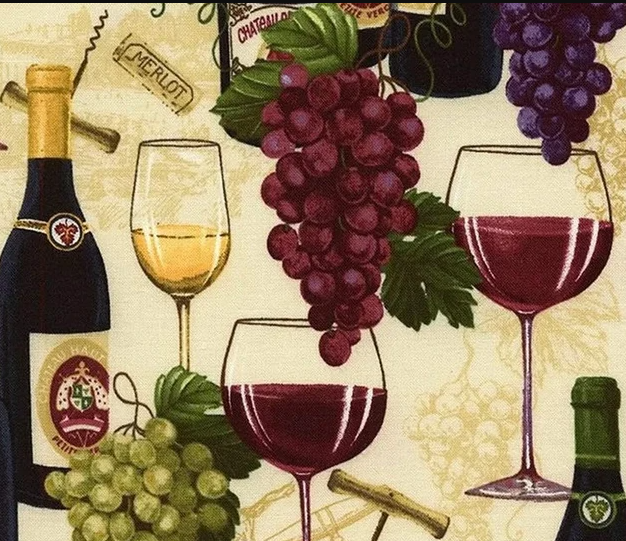 Wine Bottles & Grapes Cotton Fabric