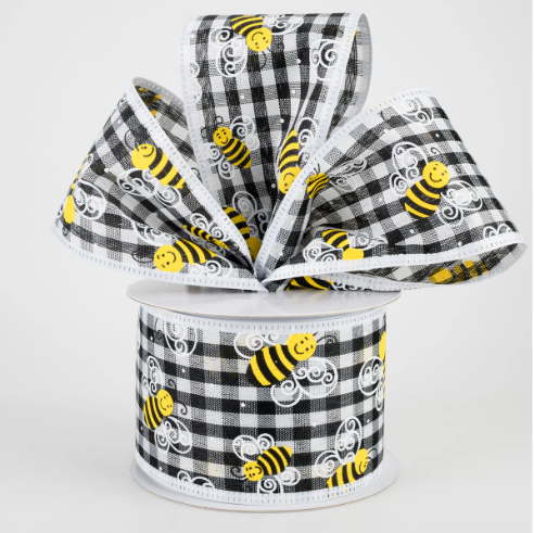 Gingham Bee Wired Ribbon: Black, White & Yellow 2.5"