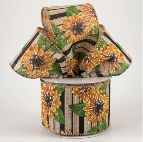 Sunflowers on Black Striped Linen Ribbon 2.5"