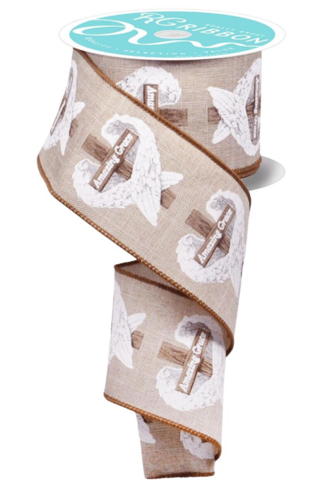 Amazing Grace Cross & Angel Wings Ribbon: Natural 2.5"