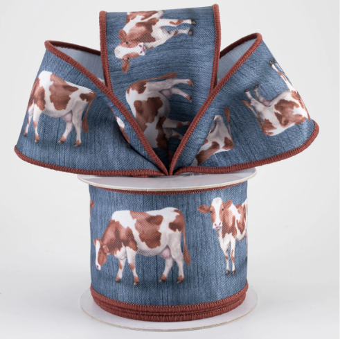 Digital Print Cows Ribbon: Denim Blue 2.5"