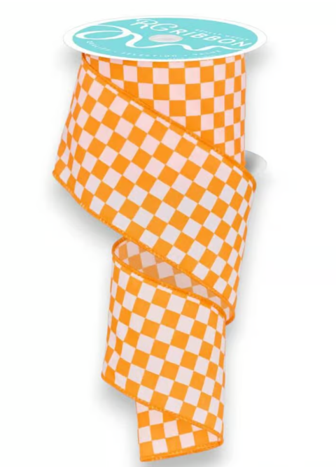 Orange & White Check Ribbon 2.5"