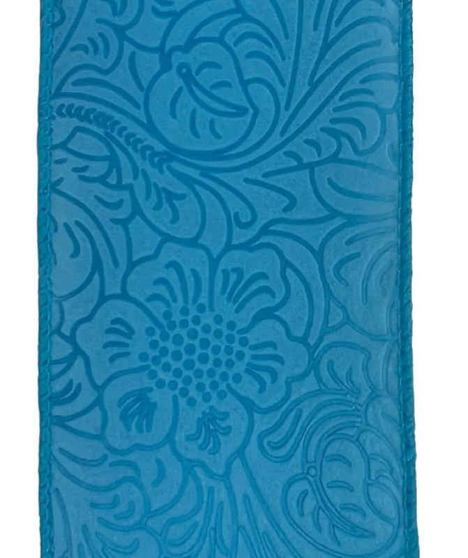 Turquoise Floral Embossed Wired Ribbon 2.5"