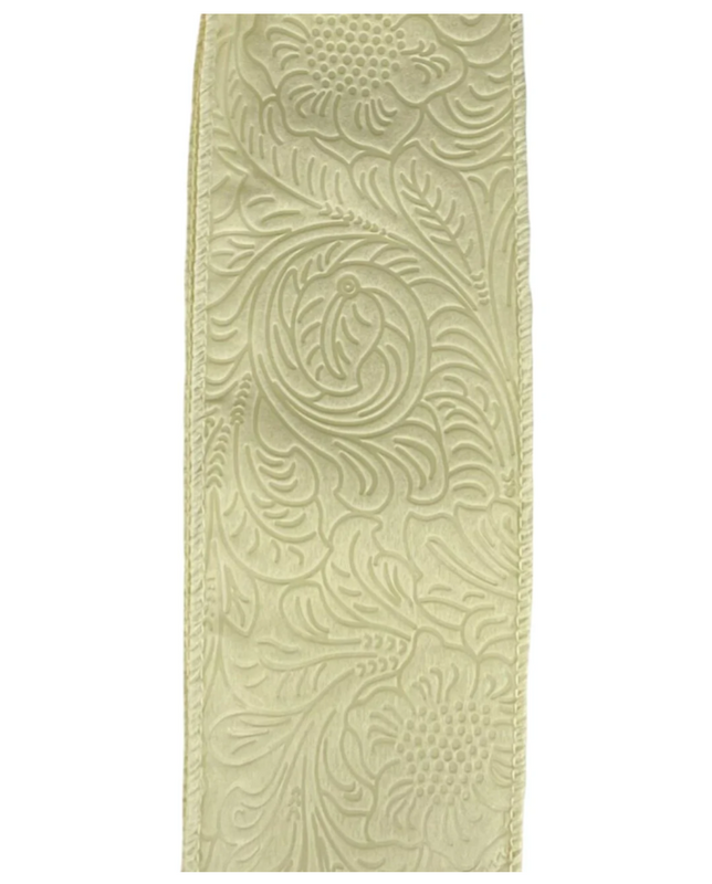 Ivory Floral Embossed Wired Ribbon 2.5"