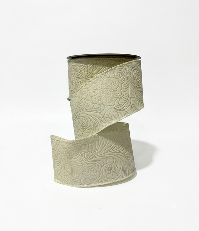 Ivory Floral Embossed Wired Ribbon 2.5"