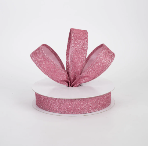 Pink All Flat Glitter Wired Ribbon 7/8"
